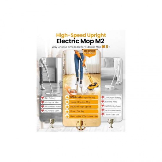 qimedo Electric Mop with 5000mAh Battery M2 | 800RPM Cordless, Automatic Spin, Display, Upright Rotating, LED Light, Water Spray for Floor Cleaning