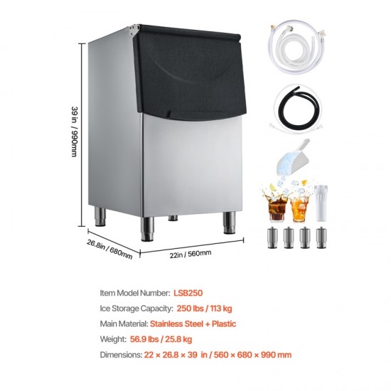 Ice Storage Bin - 250LBS Capacity Stainless Steel Ice Storage with Water Filter, Adjustable Anti-Slip Rubber Feet & 8-Hour Insulation, Ideal for Restaurants, Hotels & Beverage Shops