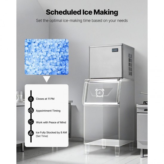 Commercial Ice Maker - 450 lbs/Day Stainless Steel Ice Machine with Scheduled Ice-Making, Self-Cleaning Function, and Adjustable Thickness for Restaurant, Bar, Cafe, Hotel - High Capacity Ice Production Fast Ice Cubes Ready in 12-15 Minutes