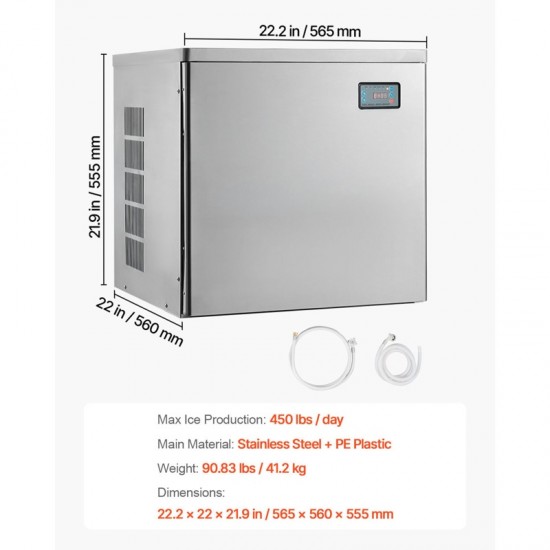 Commercial Ice Maker - 450 lbs/Day Stainless Steel Ice Machine with Scheduled Ice-Making, Self-Cleaning Function, and Adjustable Thickness for Restaurant, Bar, Cafe, Hotel - High Capacity Ice Production Fast Ice Cubes Ready in 12-15 Minutes