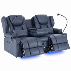 69'' 2-Seater Power Recliner Loveseat, Blue PU Leather Home Theater Reclining Sofa with 8-Point Vibration Massage, Lumbar Heating, Bluetooth Speakers, LED Ambient Light, 360° Phone Holders 2 Lumbar Pillows Cup Holders & USB Charging, 700LBS Capacity