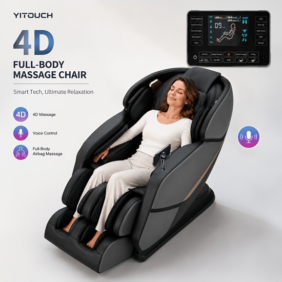 Yitouch 4D Full Body Massage Chair with Heat - Zero Gravity Recliner, Voice Control, 24 Massage Heads & 16 Airbags, Wireless, Wide-Screen Controller, 5 Auto Modes for Neck/Back/Leg Relaxation, Ideal Thanksgiving Gift