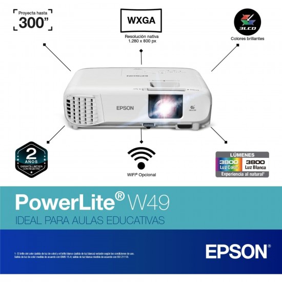 Epson - PowerLite W49 LCD Projector - 16:10 - Ceiling Mountable - 1280 X 800 - Front, Rear, Ceiling - 8000 Hour Normal