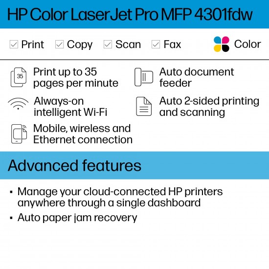 Open BoxHP (Refurbished) Color LaserJet Pro MFP 4301fdw Wireless Printer, Print, scan, Copy, fax, Fast speeds, Easy Setup, Mobile Printing, Advanced Security, Best-for-Small Teams (Renewed)
